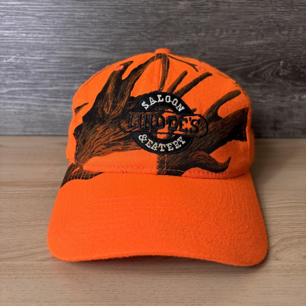Lindees Saloon & Eatery Hat Cap Strap Back Orange Blaze Hunting Patch Mens